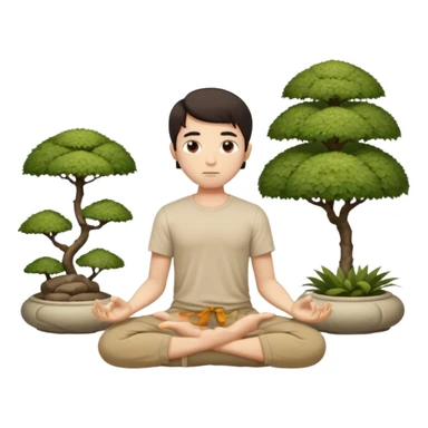 rapaz magro cabelo escuro, camiseta bege e  bermuda bege escuro, corpo inteiro meditando  num jardim oriental sticker