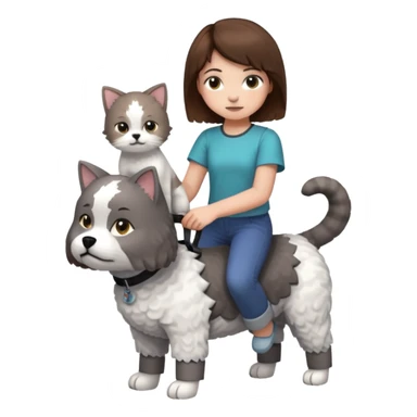A grey cat standing on the back of a white bichon frisør dog, with a girl with short brown hair sitting beside playing Minecraft sticker