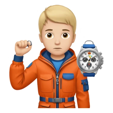 Boy in fishing suit looking at his wristwatch sticker