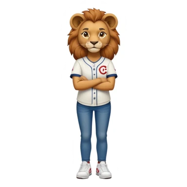confident anthropomorphised female lion wearing a baseball shirt, jeans, trainers, standing with arms crossed, dominant pose sticker