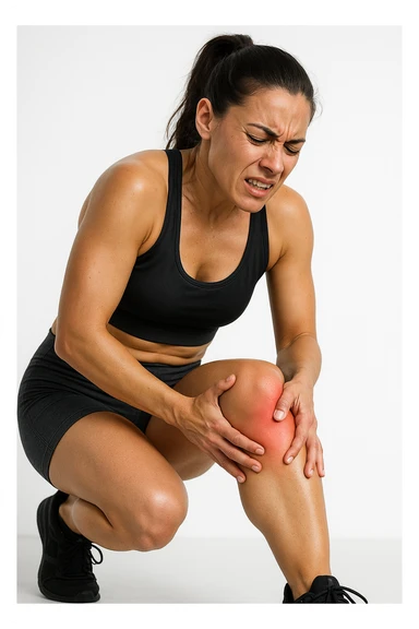 donna fitness che si tocca la gamba dolorante con espressione di dolore in volto, sente le gambe pesanti, iperrealistica 4k, sfondo bianco sticker