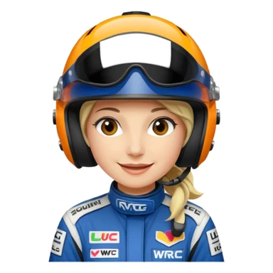 Je souhaiterai un emoji d'une femme, pilote de rallye WRC qui porte un casque et une combinaison aux couleurs de la marque LU sticker