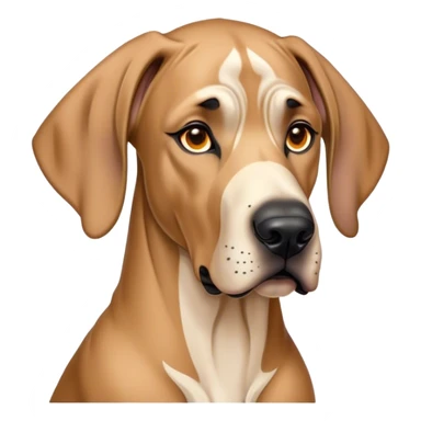 Cinematic Noble Fawn Great Dane Portrait Emoji, Poised and regal, with a towering, muscular build and a sleek, well-groomed solid fawn coat accented by subtle dark markings, deep-set soulful amber eyes, Simplified yet sharp and sophisticated features, highly detailed, glowing with a soft, dignified glow, high shine, intelligent and gentle, stylized with an air of majesty, focused and attentive, soft glowing outline, capturing the essence of a watchful and confident guardian, so majestic it feels as though it could stride out of the screen with effortless authority! sticker