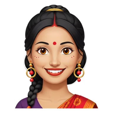 Phụ nữ 35 tuổi, da vàng, tóc buộc dài màu đen, có chấm đỏ bindi trên trán, mặt cười tươi, đeo khuyên tai tròn to bằng vàng, nửa thân trên sticker