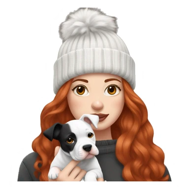 Long Red haired woman in beanie with septum piercing holding black and white English Staffordshire puppy sticker