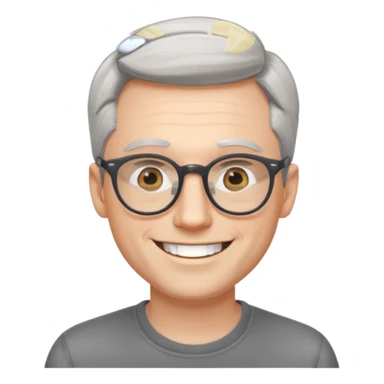 30 yr old pale white man, grey side swept hair, round glasses, big smile, white teeth, handsome, longer hair, thin glasses, no wrinkles sticker