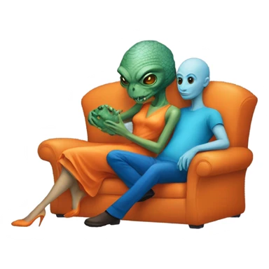 A reptilian alien woman in orange dress kissing human man in blue dress, on sofa sticker