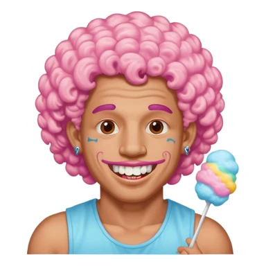 very cheerful colorful puffy curly haired man made out of cotton candy with teeth-braces and tattoos and face tattoos just face  sticker