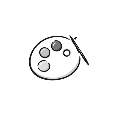 An artist's paint palette with thumb hole and paint colors in pastel colors (dd9fb0, ffc6d3, a3bfc9, c4bee2, f1b091), hand-drawn doodle style sticker