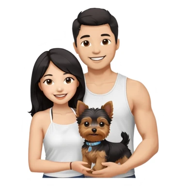 A pretty Asian girl with long, luscious wavy black hair (loose, no hair tie), wearing a white sleeveless halter top, standing beside a light-brown skinned man with a Two Block 6/4 haircut. They are both smiling and holding a small Yorkshire Terrier together sticker