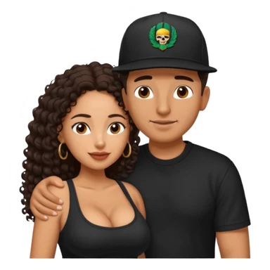 A picture of an embracing tanned couple. the man is a Mexican man with tanned skin, with a bald hair cut wearing a SnapBack hat and a black shirt. the woman has curly longer dark brown hair, thick and with big boobs   sticker
