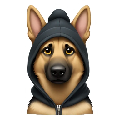 German shepherd wearing a hoodie with a beanie sticker