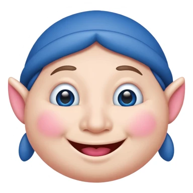 A blue emoji with fat pink cheeks and is smiling like a elf sticker