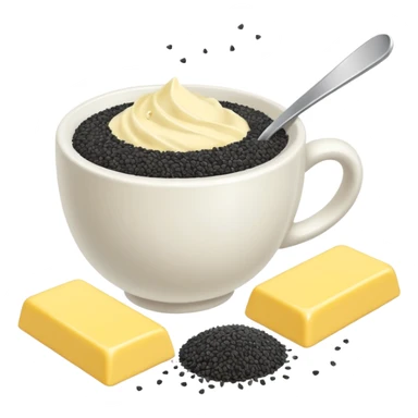 white cup of sugar and black sesame seeds and bar of butter without a face sticker