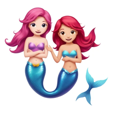 Cute iOS-style emoji of a pastel pink dolphin and a red-haired mermaid, smiling at each other. 
Simple vector emoji design, bold outlines, soft gradients, glossy look, centered, white background. sticker