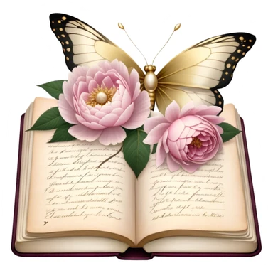 An aged botanical journal, its golden-edged pages filled with delicate pressed pink roses, white peonies, and blush dahlias, as a pearl butterfly delicately rests on the handwritten notes.
 sticker