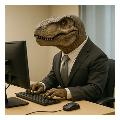 realistic dinosaur sitting on a chair, wearing a suit, using an office computer sticker