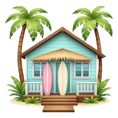 Hawaiian bungalow house, pastel colors, wooden porch, surfboard leaning on wall, palm leaves, tropical vibe, cute mobile game icon style, 3D cartoon, clean background, no text
 sticker