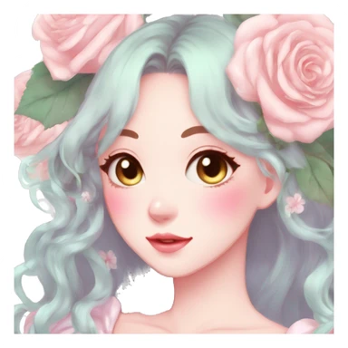 Gorgeous pastel anime style lady with blushing face and roses cottagecore fairycore pastelcore shiny colorful pearly aesthetic trending style sticker