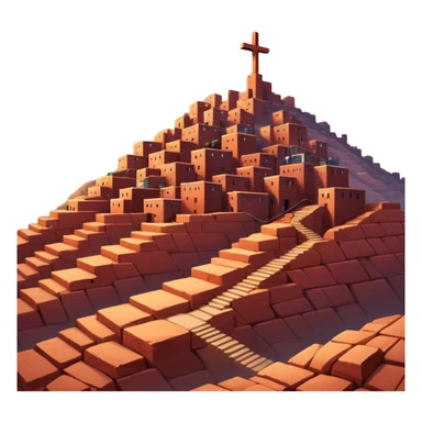 Urban Peruvian hillside neighborhood, brick houses stacked on steep hills of the desert, unfinished red brick buildings,, narrow stairways, electric cables crossing the sky, sunset lighting, realistic style, cinematic, high detail in the desert, cross monument at the top sticker