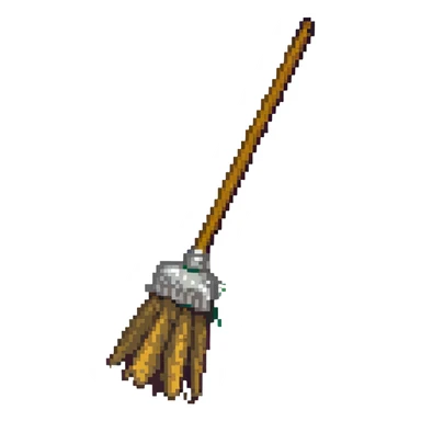 worn-out broom (vasoura), broken bristles, muted palette, nostalgic video game style sticker