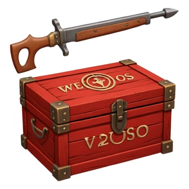 generate a very realistic wooden box with a red weapon inscription sticker