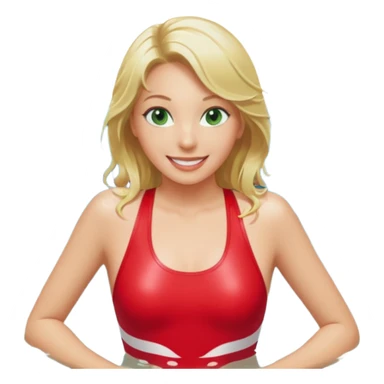 Blonde Woman, Green eyes,Red onepiece, Background Indoor pool sticker