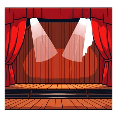 dramatic theater stage with red curtains drawn to sides, wooden planks, and bright spotlight in middle sticker