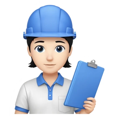 engineer wearing white polo touch of white holding blue print, black hair with headgear sticker
