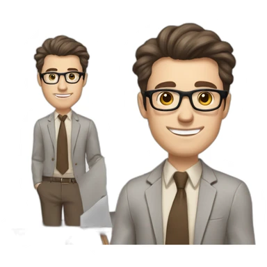 Pale skinned fit man with dark brown hair in gray jacket, beige office shirt, brown tie, brown pants and vintage glasses Writing on the flipchart sticker