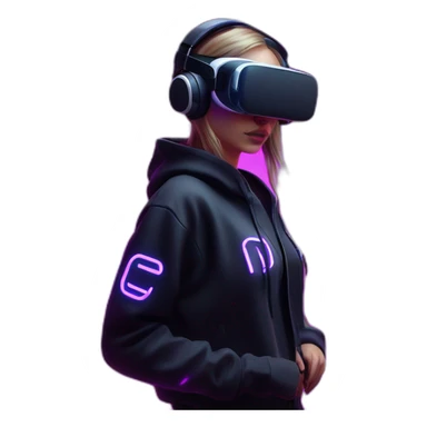 Russian girl wearing a black hoodie with "OMG" letters on it and VR headset in a cyberpunk VR environment with violet neon lighting. sticker