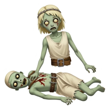 fullbody zombie leper laying on the ground, missing a foot, ragged tunic, cloth belt sticker