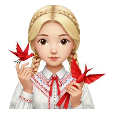 Ukrainian young girl with blonde braided hair wearing a white traditional embroidered shirt (vyshyvanka) holding a red origami paper crane in her hands sticker