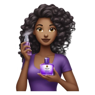 Beautiful refined black woman with curly hair posing with her perfume that is ergonomic, purple-colored ombre bottle, and a black cap and sprayer.  sticker