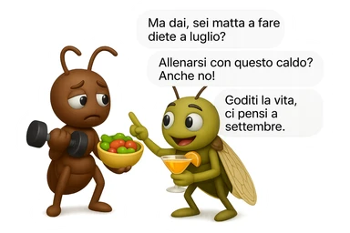 EMOJI STILE IPHONE 3D DI una cicala e una formica che parlano tra loro, la formica ha nella mano destra un manubrio da palestra e nella nella mano sinistra una bowl di insalata, la cicala invece ha un cocktail in mano, la cicala prende in giro la formica E LE DICE IN 3 FUMETTI DIFFERENTI: "Ma dai, sei matta a fare diete a luglio?”
“Allenarsi con questo caldo? Anche no!”
“Goditi la vita, ci pensi a settembre.”
 sticker
