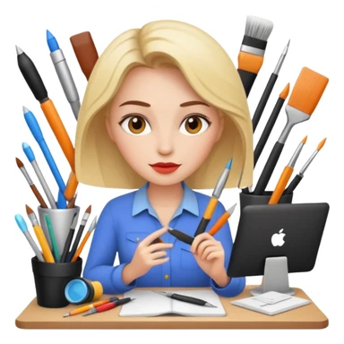 creative woman designer surrounded by design tools sticker