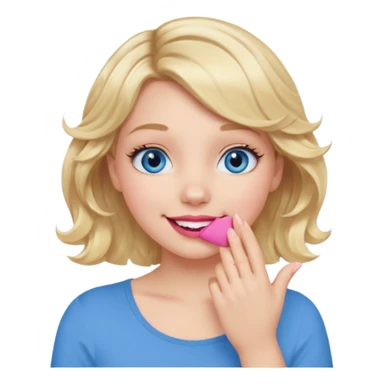 Girl Blonde short wavy hair,  blue eyes, cute blue top, long lashes, pink lips, smiling, hand covering the mouth sticker