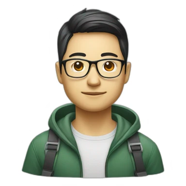 Chinese web developer, with glasses and a Vue.js logo T-shirt sticker