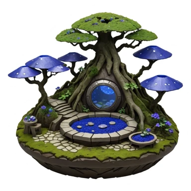 Crashed Alien saucer-castle jungle winding trail mountainside getaway haunted nighttime hobbit landscape antique mudman very old broken cracked intricate Stone Age lapis-crusted irregular dodecagon-shaped shallow dark moss rough bark violet flowered maple bonsai Saikei coffee table diorama sticker
