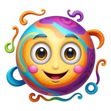 multicolored planet with swirls of bright colors and a happy smiling face with big eyes sticker