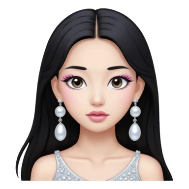 asian long black hair silver grey eyes glossy lips glittery white and light pink eyeshadow girl pearl earrings sticker
