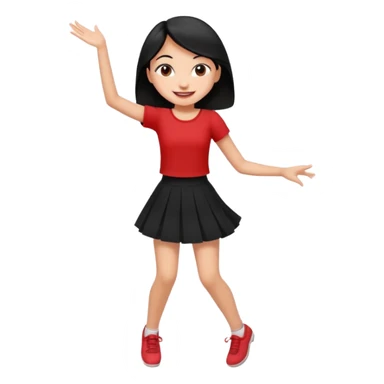 Chicas esbelta con falda corta negra y top rojo,pelo semi largo negro y lacio  super feliz,pero bailando sticker