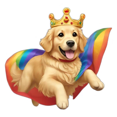Golden retriever flying over rainbow wearing a cape and crown sticker
