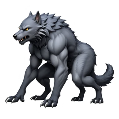 cinematic-noble-fierce-werewolf-full body on all fours-emoji, poised-and-imposing, with a tall, lean, and muscular wolfish frame inspired by the brutal, imposing shape of the beast from Berserk, fur rippling in shades of midnight black and silver, massive paws with razor-sharp claws, elongated limbs and fangs, eyes glowing with an intense, primal ferocity, reflecting the untamed power of the wild moonlit night; rendered with realism like a wolf hunched over battle ready pose ready to attack sticker