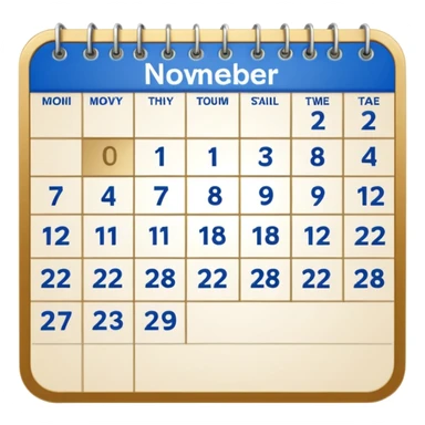 generate a calender page with november 22 written on it, an ios styled icon , background free , blue and gold and white colors sticker