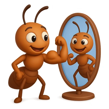 EMOJI STILE IPHONE 3D DI una formica che si guarda allo specchio felice e sicura di sè mentre contrae il suo bicipite muscoloso, fagli anche la parte bianca degli OCCHI, non solo la pupilla sticker