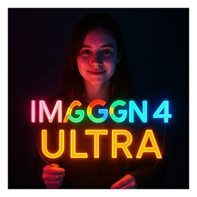 make a girl holding this sign, but sign in made of neon, also add ultra below the sign sticker
