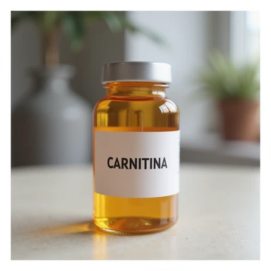modern pharmaceutical vial with large readable label 'CARNITINA', natural light, hyperrealistic 4K sticker