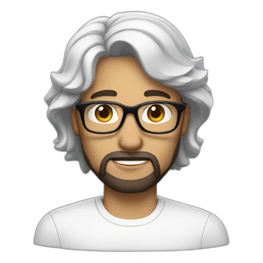 A man with  black long hair, wearing glasses, white in color, and a short beard sticker