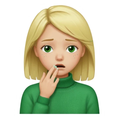 blonde girl in green jumper with hand on throat, sad sticker